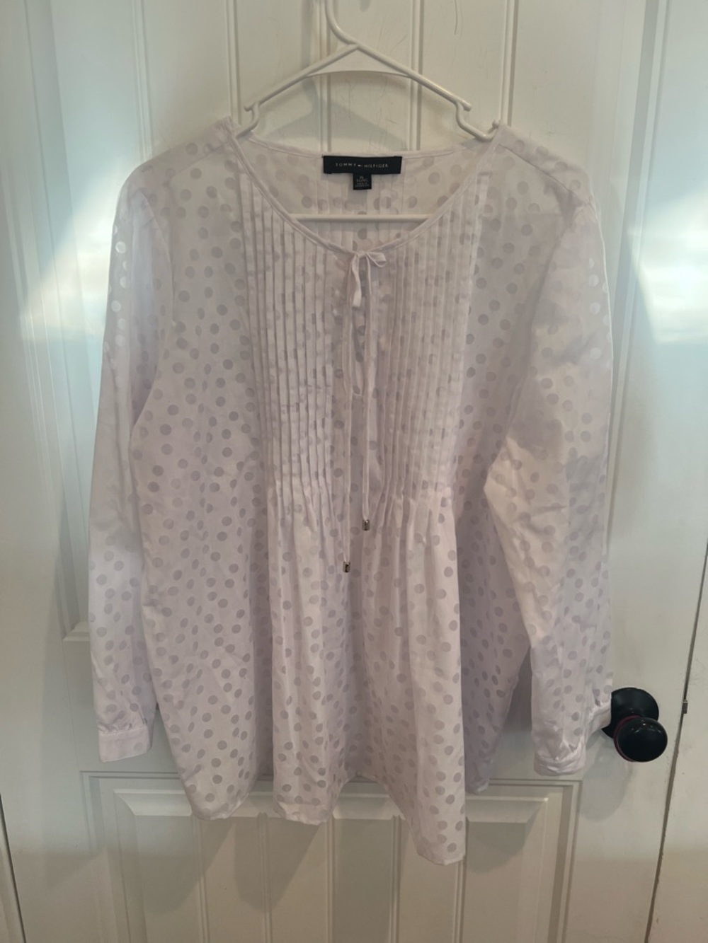 Tommy Hilfiger White Polka Dot Pintuck Tie-Neck Tunic